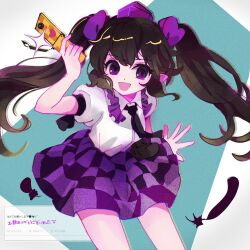 Rule 34 | 1girl, black hair, black necktie, emimi (emimi 28), feathers, hat, highres, himekaidou hatate, holding, holding phone, necktie, open mouth, phone, plaid, plaid skirt, pointy ears, puffy short sleeves, puffy sleeves, purple eyes, purple hat, shirt, short sleeves, skirt, smile, solo, tokin hat, touhou, twintails, white shirt