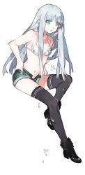 Rule 34 | 10s, 1girl, @ @, adjusting clothes, adjusting shorts, ankle boots, aoki hagane no arpeggio, aqua hair, bikini, bikini top only, black footwear, black thighhighs, boots, breasts, denim, denim shorts, full body, fur boots, green eyes, iona (aoki hagane no arpeggio), long hair, navel, parted lips, ringed eyes, short shorts, shorts, sideboob, simple background, small breasts, solo, starshadowmagician, swimsuit, thighhighs, unbuttoned, unzipped, wet, white background