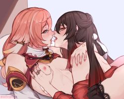 Rule 34 | 2girls, blush, grabbing another&#039;s breast, breasts, brown hair, chinese clothes, french kiss, genshin impact, grabbing, green eyes, groping, highres, horns, hu tao (genshin impact), jewelry, kiss, long hair, looking at another, multicolored hair, multiple girls, nipples, on bed, oofxyphxia, pink hair, red eyes, ring, saliva, saliva trail, tongue, tongue out, white background, white hair, yanfei (genshin impact), yuri
