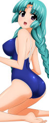 Rule 34 | 1990s (style), 1girl, :d, absurdres, ass, barefoot, braid, canal vorfeed, competition school swimsuit, green hair, highres, kneeling, long hair, looking at viewer, lost universe, one-piece swimsuit, open mouth, purple eyes, school swimsuit, smile, sugimura tomokazu, swimsuit