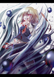 Rule 34 | 1girl, bad id, bad pixiv id, blonde hair, blood, claws, darkness, ex-rumia, fang, female focus, formal, highres, letterboxed, necktie, orb, pijirion, red eyes, ribbon, rumia, skirt, slit pupils, solo, touhou, vest