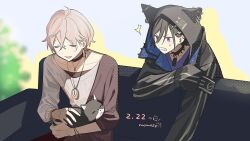 Rule 34 | 2boys, :d, = =, ^^^, animal, animal hood, armband, black armband, black cat, black choker, black collar, black hair, black jacket, black undershirt, blurry, blurry background, blush, bracelet, brown coat, cat, cat day, cat hood, choker, clenched teeth, coat, collar, couch, cowboy shot, crossed bangs, ear piercing, earrings, hair between eyes, hair ornament, hairclip, hand on own arm, holding, holding animal, holding cat, holostars, hood, hood up, hooded jacket, jacket, jealous, jewelry, kanade izuru, lightning bolt, lightning bolt hair ornament, lightning bolt symbol, looking at another, momose (oqo), multiple boys, necklace, open clothes, open jacket, open mouth, pendant, piercing, pink hair, plant, purple eyes, purple shirt, rikka (holostars), ring, shirt, short hair, single earring, single sleeve, sitting, sleeves past wrists, smile, spiked collar, spikes, sweatdrop, sweater, teeth, upper body, v-shaped eyebrows, virtual youtuber, white sweater