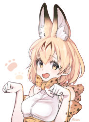 Rule 34 | 10s, 1girl, :d, animal ears, animal print, artist name, bad id, bad pixiv id, bare shoulders, blonde hair, bow, bowtie, breasts, brown dress, brown gloves, dress, elbow gloves, gloves, hair between eyes, hands up, high-waist skirt, highres, kemono friends, looking at viewer, medium breasts, open mouth, panza, paw pose, paw print, serval (kemono friends), serval print, shirt, short dress, short hair, simple background, skirt, sleeveless, sleeveless shirt, smile, solo, upper body, white background, white gloves, white shirt, yellow eyes