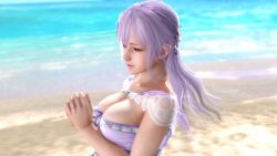 Rule 34 | 1girl, 3d, beach, breasts, cleavage, dead or alive, dead or alive xtreme, dead or alive xtreme venus vacation, fiona (doa), large breasts, light purple hair, long hair, looking away, medium breasts, ocean, official art, outdoors, purple eyes, purple hair, standing, strapless, tagme, tecmo, upper body