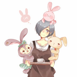 Rule 34 | 1girl, apron, bad id, bad pixiv id, black apron, blue hair, breasts, coffee cup, collarbone, commentary request, cowboy shot, cup, disposable cup, green skirt, grey background, hair over one eye, holding, kirishima touka, looking at viewer, medium breasts, rabbit, short hair, simple background, skirt, smile, thought bubble, tokyo ghoul, tokyo ghoul:re, toukaairab, waitress