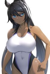 Rule 34 | 1girl, animal ears, black hair, blue eyes, breasts, commentary request, competition swimsuit, covered navel, cowboy shot, dark-skinned female, dark skin, highleg, highleg swimsuit, highres, horse ears, horse girl, horse tail, large breasts, long hair, one-piece swimsuit, pataneet, ponytail, simple background, solo, swimsuit, symboli kris s (umamusume), tail, umamusume, white background, white one-piece swimsuit