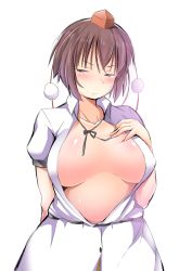 Rule 34 | 1girl, alternate eye color, arm behind back, backlighting, black ribbon, blush, breasts, collared shirt, deep skin, embarrassed, hair between eyes, half-closed eyes, hand on own chest, highres, large breasts, looking to the side, no bra, no wings, open clothes, open shirt, parted lips, plump, red eyes, ribbon, shameimaru aya, shiny skin, shirt, shishi juuroku, short hair, short sleeves, simple background, sketch, solo, touhou, wavy mouth, white background, white shirt