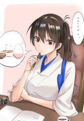 Rule 34 | 1girl, batacchi (mashimashi butter), bowl, brown eyes, brown hair, chair, cup, desk, enemy lifebuoy (kancolle), food, highres, hungry, japanese clothes, kaga (kancolle), kantai collection, pink background, rice bowl, side ponytail, sitting, solo, speech bubble, thinking, thought bubble