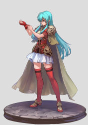 Rule 34 | 1girl, adjusting clothes, adjusting gloves, aqua eyes, aqua hair, armor, breastplate, brown cape, cape, closed mouth, commentary request, earrings, eirika (fire emblem), faulds, faux figurine, fingerless gloves, fire emblem, fire emblem: the sacred stones, gloves, highres, jewelry, long hair, miniskirt, nintendo, nishiki areku, pauldrons, red footwear, red gloves, red shirt, red thighhighs, shirt, shoes, short sleeves, shoulder armor, sidelocks, signature, single fingerless glove, single glove, skirt, solo, thighhighs, very long hair, zettai ryouiki