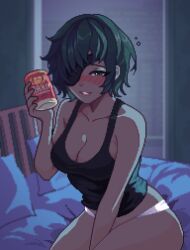 Rule 34 | 1girl, absurdres, bed, beer can, blush, breasts, can, chainsaw man, cleavage, drink can, drunk, eyepatch, green eyes, green hair, highres, himeno (chainsaw man), holding, holding can, medium breasts, no pants, panties, parted lips, pixel art, short hair, sitting, solo, tank top, underwear, yumykon
