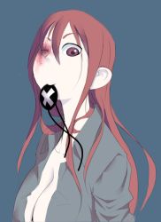 Rule 34 | 1girl, asakawa remon, breasts, cleavage, darumako, eyepatch, large breasts, long hair, mouth hold, original, red eyes, red hair, scar, solo