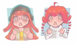 Rule 34 | + +, 2girls, ahoge, arms up, black headwear, blunt bangs, chibi, clenched hands, detached hair, glasses, green jacket, hair between eyes, hat, headphones, headphones over headwear, heart, highres, hood, hood down, hooded jacket, hoodie, jacket, long hair, long sleeves, multiple girls, natendo art, open mouth, orange hair, persona, persona 5, persona 5 scramble: the phantom strikers, red hair, sakura futaba, shirt, simple background, sleeves rolled up, sophia (p5s), t-shirt, triangle mouth, twintails, v arms, watermark, white background, white hoodie, wide sleeves, yellow shirt