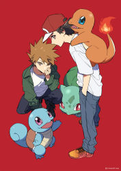 Rule 34 | 2boys, absurdres, alternate costume, baseball cap, black pants, blue oak, brown eyes, brown hair, bulbasaur, charmander, closed mouth, commentary request, creatures (company), flame-tipped tail, game freak, gen 1 pokemon, green jacket, hand in pocket, hat, highres, jacket, male focus, multiple boys, nintendo, open clothes, open jacket, pants, pokemon, pokemon (creature), pokemon frlg, red (pokemon), red background, red headwear, shirt, shoes, short hair, short sleeves, simple background, sneakers, spiked hair, squatting, squirtle, standing, white shirt, xia (ryugo)