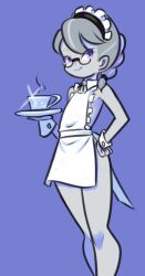 Rule 34 | 1girl, apron, black bow, black bowtie, blue background, blush, bow, bowtie, braid, colored skin, cup, detached collar, drantyno, flat chest, glasses, grey hair, grey skin, hand on own hip, hasbro, holding, long hair, looking at viewer, maid, maid headdress, multicolored hair, my little pony, my little pony: equestria girls, my little pony: friendship is magic, naked apron, purple eyes, saucer, silver spoon, simple background, smile, sparkle, standing, steam, streaked hair, teacup, white apron, wrist cuffs