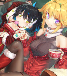 Rule 34 | 2girls, arm up, black hair, black legwear, black shirt, blonde hair, blue hair, boots, braid, christmas, closed mouth, clothing cutout, colored inner hair, commentary request, cookie, cup, dress, dutch angle, food, fur-trimmed jacket, fur trim, hair intakes, highres, holding, holding cup, jacket, knee up, long sleeves, looking at viewer, lying, miniskirt, mitake eil, mouth hold, multicolored hair, multiple girls, off shoulder, on back, original, pantyhose, purple eyes, red dress, red footwear, red jacket, red skirt, ribbed shirt, santa boots, shirt, short hair, shoulder cutout, side braid, sidelocks, sitting, skirt, smile, spaghetti strap, steam, teacup, thigh strap, white hair, yellow eyes