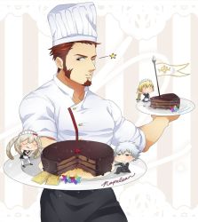Rule 34 | 1boy, 2boys, 2girls, alternate costume, apron, black apron, blue eyes, brown hair, buttons, cake, charles-henri sanson (fate), chef, chef hat, chef, chibi, facial hair, fate/grand order, fate (series), food, goatee, hat, holding, holding cake, holding food, holding plate, jeanne d&#039;arc (fate), jeanne d&#039;arc (ruler) (fate), kaiki (osuppai), long sideburns, male focus, marie antoinette (fate), mature male, multiple boys, multiple girls, muscular, muscular male, napoleon bonaparte (fate), one eye closed, pectorals, plate, short hair, sideburns, solo, sparkle, waist apron