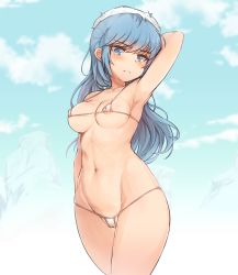 Rule 34 | 1girl, areola slip, arm behind head, arm up, armpits, bikini, bippew, blue eyes, blue hair, blush, breasts, cameltoe, cloud, covered erect nipples, groin, hat, highres, iceberg, lilin (maplestory), looking at viewer, looking down, maplestory, matching hair/eyes, medium breasts, medium hair, micro bikini, navel, outdoors, parted lips, sideways glance, solo, sweat, swimsuit, teeth