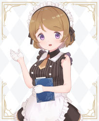 Rule 34 | 1girl, apron, artist name, artist request, black dress, black ribbon, black skirt, blush, bow, breasts, brown hair, brown necktie, buttons, cafe maid (love live!), collared dress, dress, female focus, frilled apron, frilled shirt collar, frilled skirt, frills, gloves, hair between eyes, hair ribbon, half gloves, highres, holding, holding menu, koizumi hanayo, looking at viewer, love live!, love live! school idol festival, love live! school idol project, maid, maid apron, maid headdress, menu, miniskirt, necktie, parted lips, plaid, plaid dress, plaid skirt, pleated, pleated dress, pleated skirt, purple eyes, ribbon, short hair, skirt, sleeveless, sleeveless dress, smile, solo, striped bow, striped clothes, striped dress, vertical-striped clothes, vertical-striped dress, white apron, white background, white gloves, white headdress, wing collar
