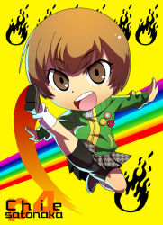 Rule 34 | 1girl, :d, atlus, bad id, bad pixiv id, bare legs, bike shorts, brown eyes, brown hair, buttons, character name, chibi, copyright name, fighting stance, fire, full body, jacket, jinkai yamizawa, kicking, legs, looking at viewer, open mouth, persona, persona 4, persona 4: the ultimate in mayonaka arena, rainbow, satonaka chie, shoes, short hair, simple background, skirt, smile, smiley face, socks, solo, tomboy, track jacket, yamizawa, yellow background