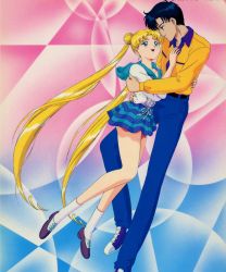 Rule 34 | 1990s (style), ass, bishoujo senshi sailor moon, chiba mamoru, couple, highres, hug, legs, long legs, miniskirt, official art, sailor moon, skirt, tsukino usagi