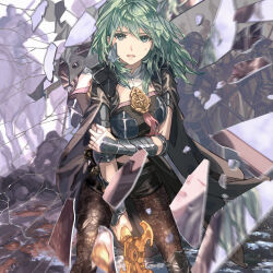 Rule 34 | 1girl, armor, battle, breaking, breasts, bustier, byleth (female) (fire emblem), byleth (fire emblem), coat, coat on shoulders, fire emblem, fire emblem: three houses, gauntlets, glass shards, green eyes, green hair, harusame (rueken), holding, holding own arm, holding sword, holding weapon, injury, long hair, looking at viewer, medium breasts, nintendo, open mouth, pantyhose, patterned legwear, plate armor, solo focus, standing, sweatdrop, sword, weapon