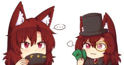 Rule 34 | ..., 2girls, :3, puff of air, animal ear fluff, animal ears, black headwear, blush, brooch, brown hair, chibi, commentary, cup, dual persona, english commentary, eyelashes, hair between eyes, hat, holding, holding cup, holding money, imaizumi kagerou, jewelry, long hair, looking at viewer, money, monocle, multiple girls, portrait, red eyes, simple background, smile, spoken ellipsis, teacup, top hat, touhou, white background, wolf ears, wool (miwol), yen sign