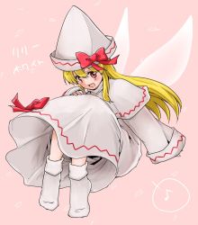 Rule 34 | 1girl, blonde hair, blush, bow, fairy wings, hat, hat bow, lily white, long hair, monrooru, musical note, no shoes, open mouth, red eyes, solo, spoken musical note, touhou, wings