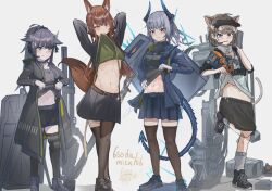 Rule 34 | 4girls, almond (arknights), animal ears, arknights, arms up, black coat, black hair, black shorts, black skirt, black thighhighs, blue skirt, brown hair, cat ears, clothes lift, coat, commentary, fox ears, fox tail, franka (arknights), green shirt, grey background, grey hair, grey shirt, horns, jessica (arknights), lifted by self, liskarm (arknights), long hair, long sleeves, looking at viewer, midriff, miniskirt, mitsuoni souda, mouth hold, multiple girls, navel, open clothes, open coat, shirt, shirt lift, shoes, shorts, simple background, skirt, sneakers, stomach, tail, thighhighs, very long hair, visor cap, yellow eyes