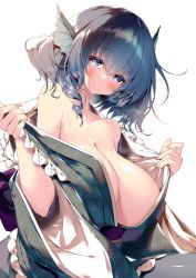 Rule 34 | 1girl, bare shoulders, blue eyes, blue hair, breasts, cleavage, fins, floral print, head fins, highres, huge breasts, japanese clothes, kimono, long sleeves, off shoulder, sakurame, sash, short hair, simple background, solo, touhou, wakasagihime, white background, wide sleeves
