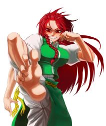 Rule 34 | 1girl, alternate eye color, barefoot, braid, breasts, chinese clothes, collared shirt, feet, foot focus, foreshortening, grin, hong meiling, koyubi (littlefinger1988), large breasts, long hair, looking at viewer, pants, puffy short sleeves, puffy sleeves, red eyes, red hair, shirt, short sleeves, shorts, side slit, simple background, skirt, skirt set, smile, soles, solo, standing, standing on one leg, tangzhuang, toe scrunch, toes, touhou, twin braids, white background, white pants