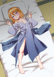 Rule 34 | 1girl, barefoot, blonde hair, blue kimono, blush, brown eyes, collarbone, commentary request, condom, condom wrapper, from above, full body, futon, hair between eyes, half-closed eyes, hands up, highres, idolmaster, idolmaster cinderella girls, japanese clothes, kimono, long hair, long sleeves, looking at viewer, lying, mebachi maguro (trok mebachi), obi, on back, on bed, panties, parted lips, pillow, pink panties, sash, solo, tatami, underwear, wide sleeves, yuuki haru