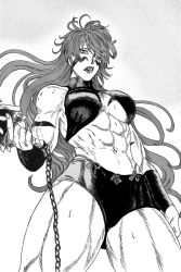 Rule 34 | 1girl, abs, absurdres, breasts, breasts apart, cowboy shot, fuuma kotarou (tenkaichi), greyscale, highres, holding, holding weapon, large breasts, long hair, looking at viewer, meme, midriff, mildly muscular women think they&#039;re gods (meme), monochrome, muscular, muscular female, navel, parted lips, photo-referenced, ramosvitalixxx, solo, tenkaichi nihon saikyou bugeisha ketteisen, underboob, very long hair, weapon