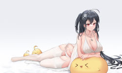 Rule 34 | &gt; &lt;, 1girl, absurdres, ahoge, arm support, azur lane, bare arms, barefoot, black hair, blush, breasts, cleavage, closed mouth, clothes lift, collared shirt, creature, dress, dress lift, earrings, flower, full body, garter straps, hair flower, hair ornament, highres, jewelry, large breasts, long hair, looking at viewer, manjuu (azur lane), navel, necklace, no shoes, official alternate costume, one side up, red eyes, shirt, simple background, sleeveless, sleeveless dress, solo focus, taihou (azur lane), taihou (temptation on the sea breeze) (azur lane), thighhighs, very long hair, white background, white dress, white thighhighs, yinori