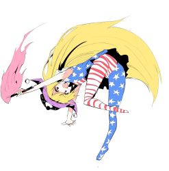 Rule 34 | 1girl, american flag dress, american flag legwear, bent over, blonde hair, clownpiece, flat color, full body, hat, jester cap, kuroneko no toorimichi, long hair, looking at viewer, pantyhose, print pantyhose, purple eyes, short sleeves, simple background, solo, star (symbol), striped clothes, striped pantyhose, touhou, very long hair, white background
