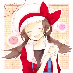 Rule 34 | 00s, 1girl, brown hair, closed eyes, creatures (company), game freak, hat, hat ribbon, heart, heart of string, long hair, lowres, lyra (pokemon), nintendo, own hands clasped, own hands together, pokemon, pokemon hgss, red ribbon, ribbon, simple background, smile, solo, unbuttoned