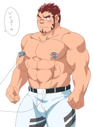 Rule 34 | 1boy, abs, akashi (live a hero), arms at sides, bara, blush, facial hair, goatee, highres, large pectorals, live a hero, long sideburns, male focus, muscular, muscular male, navel, nipples, one eye closed, pectorals, red eyes, red hair, ruizu (takakisan503), scar, scar on face, scar on nose, short hair, sideburns, solo, strongman waist, thick eyebrows, topless male, translation request, wire