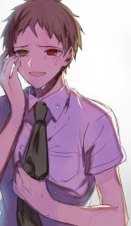 Rule 34 | 1boy, brown eyes, brown hair, collared shirt, commentary request, crying, crying with eyes open, danganronpa (series), danganronpa 2: goodbye despair, green necktie, hand up, highres, hinata hajime, looking at viewer, male focus, miyuzu, necktie, necktie grab, neckwear grab, open mouth, red eyes, shirt, short hair, short sleeves, simple background, smile, solo, tears, upper body, white shirt