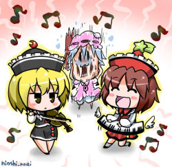 Rule 34 | 3girls, :&lt;, :3, artist name, bad id, bad pixiv id, bat wings, blonde hair, bloomers, blue hair, bow, brooch, brown eyes, brown hair, commentary request, covering own ears, detached wings, closed eyes, hat, hat bow, instrument, jewelry, keyboard (instrument), lunasa prismriver, lyrica prismriver, multiple girls, musical note, noai nioshi, remilia scarlet, short hair, touhou, underwear, violin, wings, | |, || ||