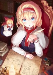 Rule 34 | 1girl, :o, alice margatroid, apron, blonde hair, blue dress, blue eyes, blurry, blush, book, book stack, bookshelf, bottle, bow, bug, buttons, capelet, chair, dark, depth of field, doll, drawing, dress, eyebrows, fly, frills, from above, gears, hair between eyes, hair bow, hairband, highres, holding, igayan, indoors, ink bottle, insect, lolita hairband, long hair, looking at viewer, needle, oil lamp, on chair, paper, quill, red bow, sash, sewing needle, shanghai doll, short hair, sitting, spool, string, table, thread, touhou, white apron
