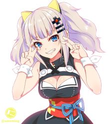 Rule 34 | 1girl, blue eyes, breasts, cleavage, cleavage cutout, clothing cutout, dress, hair ornament, hairclip, kaguya luna, looking at viewer, nyanmaru (ememing), open mouth, silver hair, simple background, sleeveless, sleeveless dress, smile, solo, the moon studio, twintails, virtual youtuber, white background
