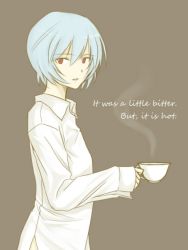 Rule 34 | 1girl, ayanami rei, blue hair, coffee, cup, dress shirt, english text, looking back, neon genesis evangelion, no pants, red eyes, shirt, short hair, sleeves past wrists, solo, steam, teacup