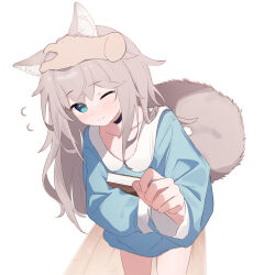 1girl absurdres animal_ears black_choker blue_eyes blue_shirt book choker disembodied_hand dog_ears dog_girl dog_tail grey_hair hand_on_another&#039;s_head headpat highres holding holding_book light_brown_hair long_hair long_sleeves looking_at_viewer one_eye_closed original riya_(01214) shirt tail white_background