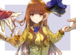 Rule 34 | 1girl, archer (fate), blue bow, border, bow, bowtie, brown eyes, brown hair, chakku kanda, closed mouth, fate/extella, fate/extra, fate (series), gilgamesh (fate), grey background, holding another&#039;s wrist, kishinami hakuno (female), long hair, looking at viewer, nero claudius (fate), nero claudius (fate) (all), nero claudius (fate/extra), school uniform, shirt, solo focus, tamamo (fate), tamamo no mae (fate/extra), tsukumihara academy uniform (fate/extra), white border, yellow shirt
