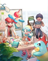 Rule 34 | 1girl, 2boys, :d, book, chair, commentary request, creatures (company), croconaw, dubwool, egg, game freak, gen 2 pokemon, gen 3 pokemon, gen 4 pokemon, gen 8 pokemon, green hair, hat, holding, holding egg, hop (pokemon), huan li, jacket, kris (pokemon), lab coat, long hair, looking down, lucas (pokemon), multiple boys, nintendo, open mouth, pants, papers, poke ball, poke ball (basic), pokemon, pokemon (creature), pokemon dppt, pokemon egg, pokemon gsc, pokemon swsh, porygon-z, purple hair, red headwear, red scarf, red shirt, scarf, shirt, shoes, short hair, sitting, smile, swablu, table, tongue, twintails, white jacket, whiteboard, yellow headwear