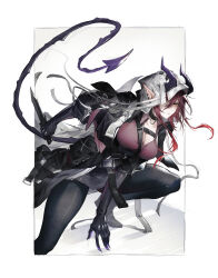 Rule 34 | 1girl, absurdres, arknights, arm support, ascalon (arknights), belt, belt buckle, black belt, black choker, black footwear, black gloves, black jacket, black pantyhose, breasts, buckle, choker, cleavage, collarbone, demon girl, demon horns, demon tail, ears through hood, elbow gloves, foot out of frame, gloves, grey skirt, hair between eyes, highres, hood, hood up, hooded jacket, horns, horns through hood, jacket, large breasts, long hair, multicolored clothes, multicolored jacket, one eye covered, pantyhose, parted lips, purple shirt, red hair, shirt, shoes, simple background, skirt, solo, tail, takano jiyuu, teardrop facial mark, two-tone jacket, white background, white jacket, yellow eyes