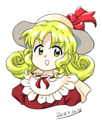 Rule 34 | 1girl, 2023, :d, blonde hair, bow, curly hair, dated, elly (touhou), hat, hat bow, looking at viewer, medium hair, nonamejd, official style, open mouth, red bow, red ribbon, ribbon, simple background, smile, solo, touhou, touhou (pc-98), upper body, white background, yellow eyes, zun (style)