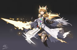 Rule 34 | 1girl, absurdres, animal ear fluff, animal ears, arknights, armor, belt, black belt, black gloves, black thighhighs, blonde hair, breasts, chinese commentary, commentary request, dress, gloves, gradient background, grey background, headset, highres, long hair, looking at viewer, medium breasts, nearl (arknights), nearl the radiant knight (arknights), originium arts (arknights), pauldrons, qianben, shoulder armor, solo, thighhighs, white dress, yellow eyes