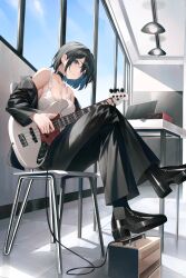 Rule 34 | 1girl, absurdres, amplifier, armpit crease, bare shoulders, bass guitar, black collar, black footwear, black hair, black jacket, black pants, blue eyes, blue hair, blue sky, boots, breasts, cable, cleavage, closed mouth, collar, colored inner hair, commentary, computer, cross, cross earrings, crossed legs, desk, earrings, expressionless, from below, full body, head tilt, high heel boots, high heels, highres, holding, holding instrument, indoors, instrument, jacket, jewelry, kerno, laptop, large breasts, looking at viewer, mole, mole on breast, multicolored hair, music, no bra, off shoulder, open clothes, open jacket, original, pants, playing instrument, short hair, sitting, sky, solo, symbol-only commentary, tank top, tile floor, tiles, white tank top, window