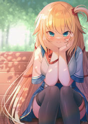 Rule 34 | 1girl, akai haato, akai haato (1st costume), bench, black thighhighs, blonde hair, blue eyes, blue skirt, blurry, blurry background, blush, bracelet, breasts, closed mouth, commentary request, elbow rest, hair ornament, head rest, heart, heart hair ornament, heart in eye, highres, hololive, jewelry, large breasts, light particles, lips, long hair, looking at viewer, magowasabi, nail polish, on bench, panties, pantyshot, red nails, red ribbon, ribbon, shadow, shirt, sitting, skirt, smile, solo, symbol in eye, thighhighs, underwear, very long hair, virtual youtuber, white shirt, zettai ryouiki