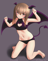 Rule 34 | 1girl, barefoot, bat wings, bikini, black bikini, brown eyes, brown hair, cleavage cutout, clothing cutout, commentary request, dated commentary, demon girl, demon tail, demon wings, flat chest, grey background, halterneck, head wings, heart cutout, kantai collection, navel, one-hour drawing challenge, partial commentary, ray.s, short hair, short hair with long locks, simple background, solo, swimsuit, taihou (kancolle), tail, turtleneck, w arms, wings
